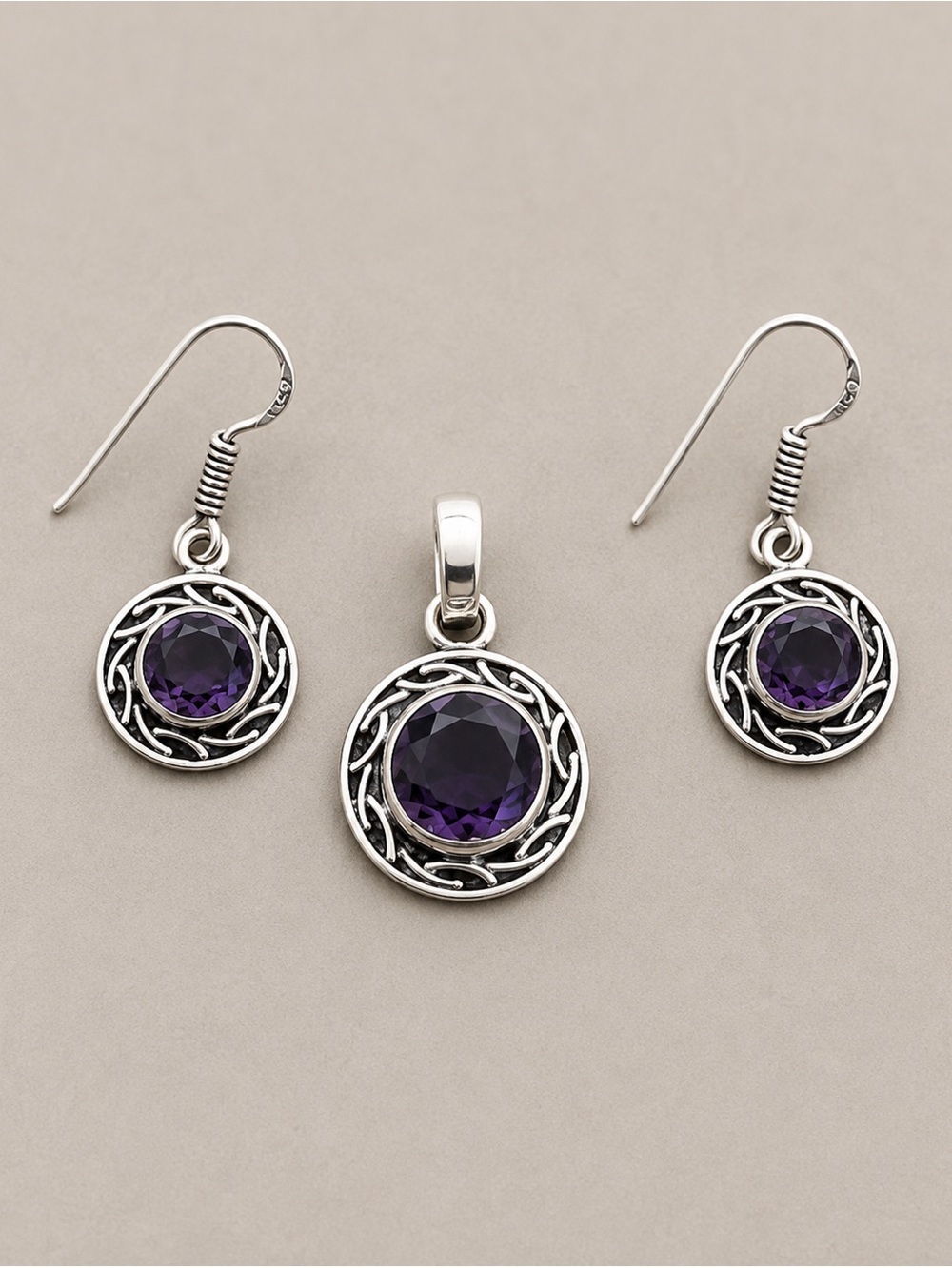 Sterling Silver Amethyst Round Pendant & Earrings Set